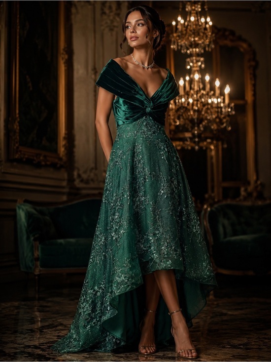 JJs House Dresses & Skirts - JJ’s House Dark Green Off Shoulder 8 Dress  Velvet Bodice Embroidered Euro Glam